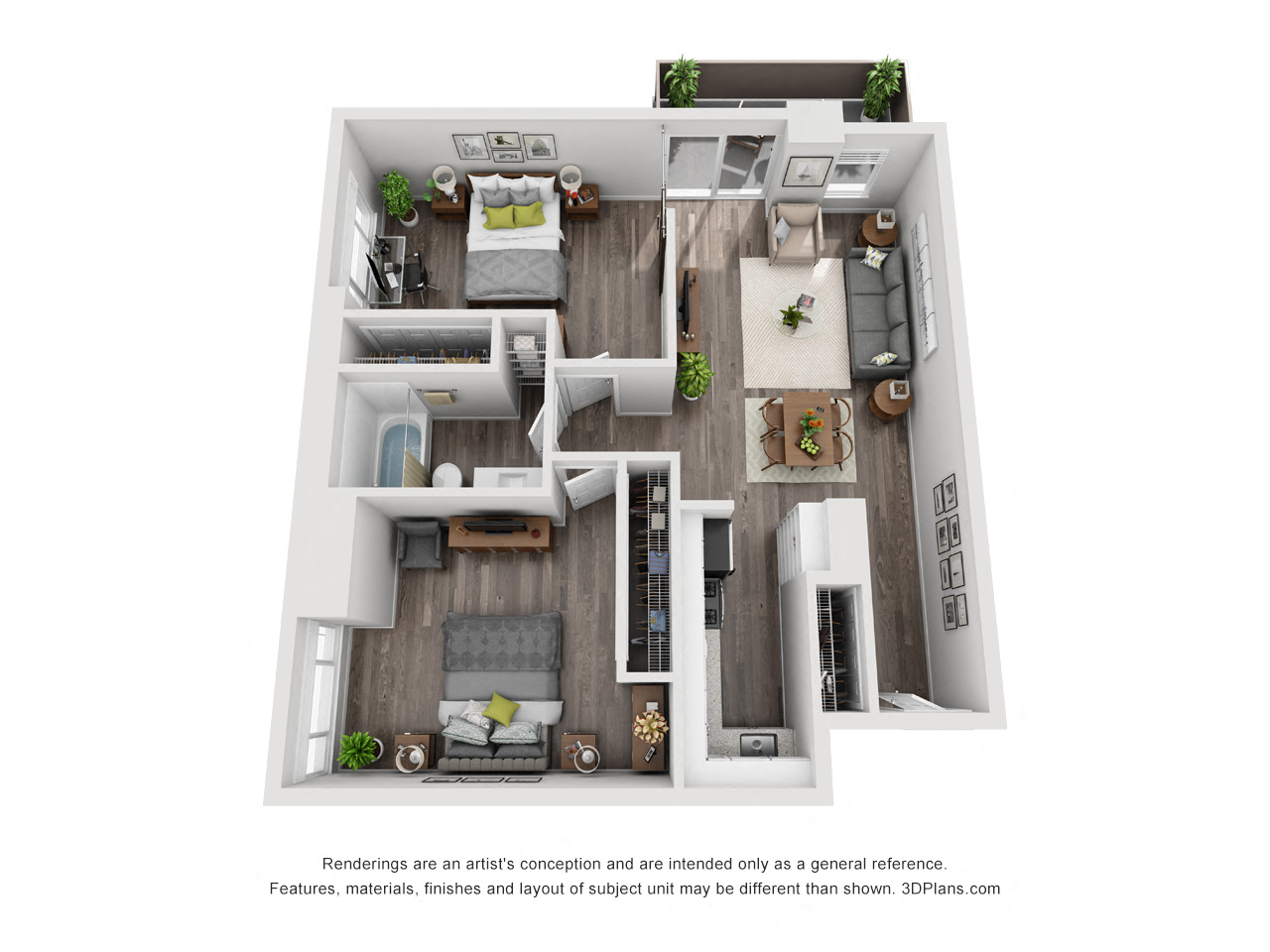 3D Semmes 2 bedroom apartment floorplan with kitchen, entry way closet, dining-living area, large closets in bedrooms, 1 shared bathroom and balcony